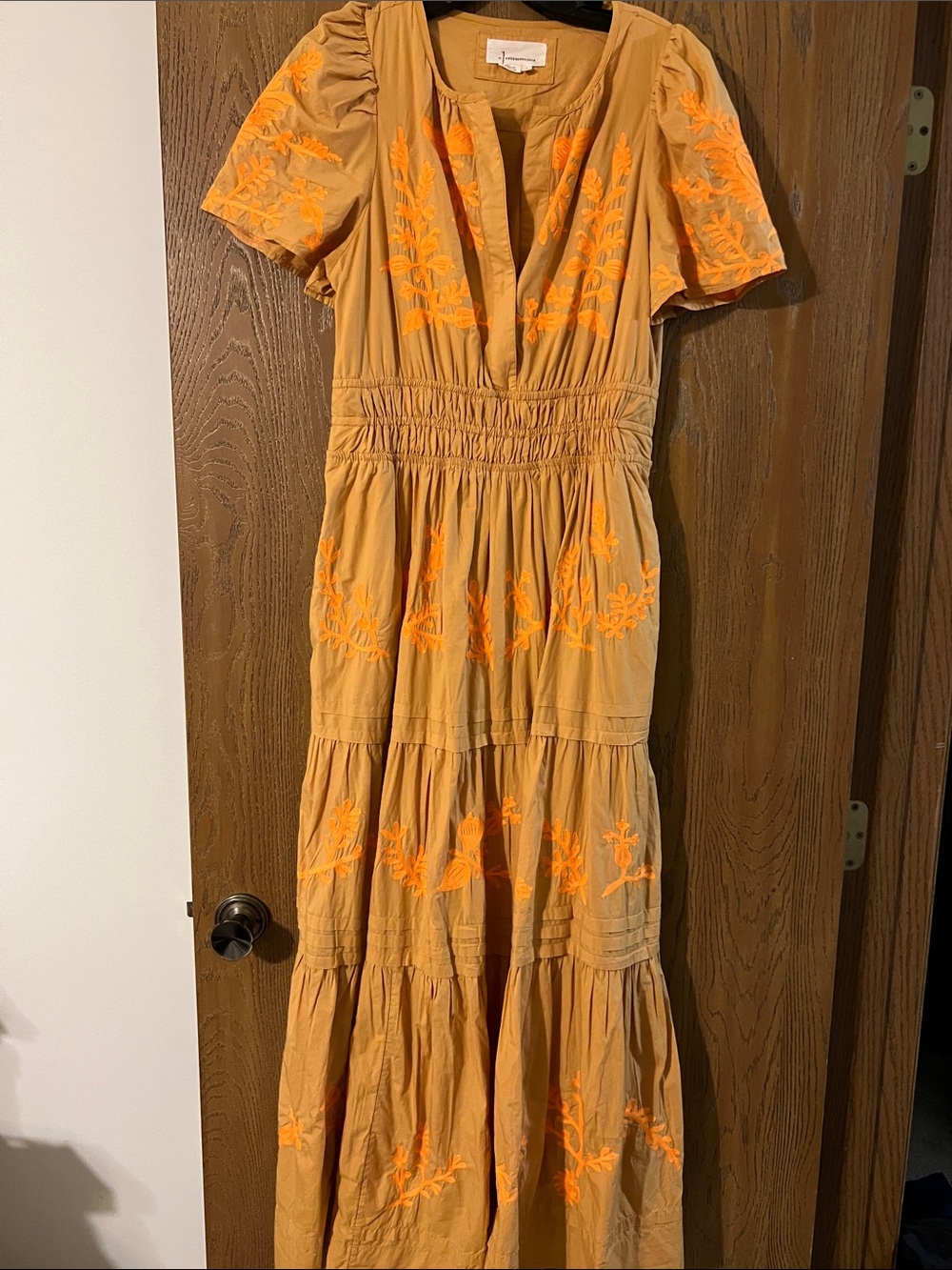Anthropologie Mustard Maxi Dress with Orange Embroidery